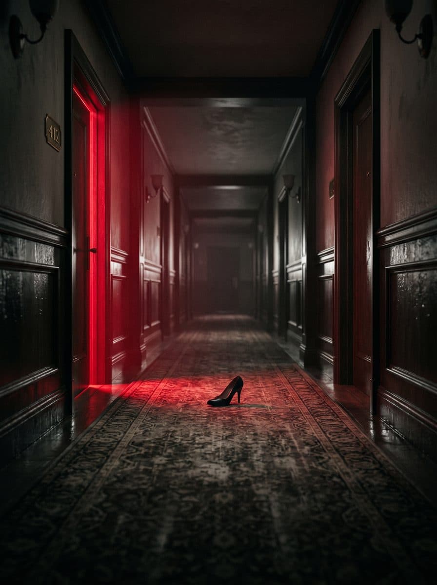 A dark hotel corridor, red light from a door, a shoe on the carpet