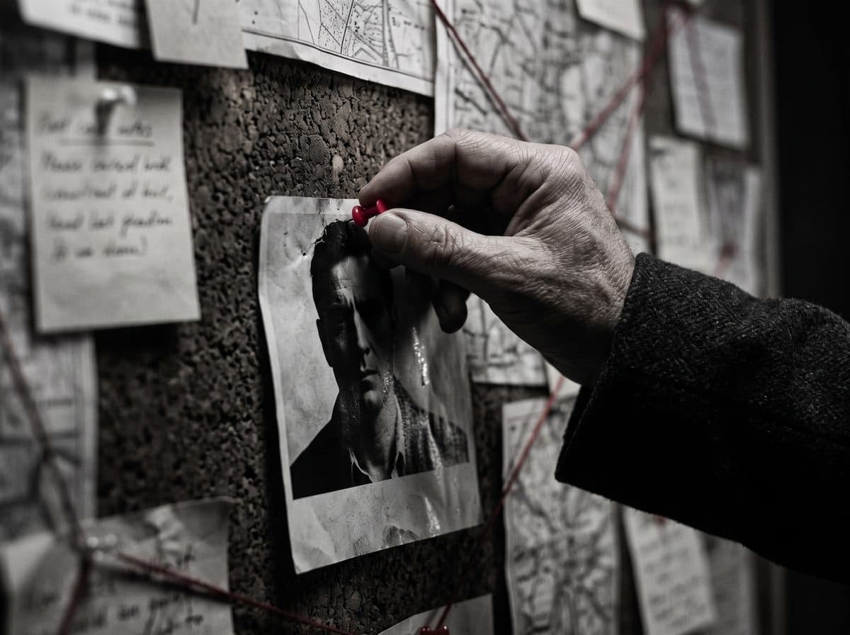 A hand pinning a red pin to a suspect’s photograph